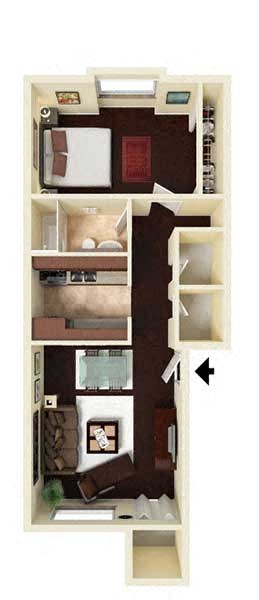Floor plan for 1 bed, 1 bath, 743 sqft